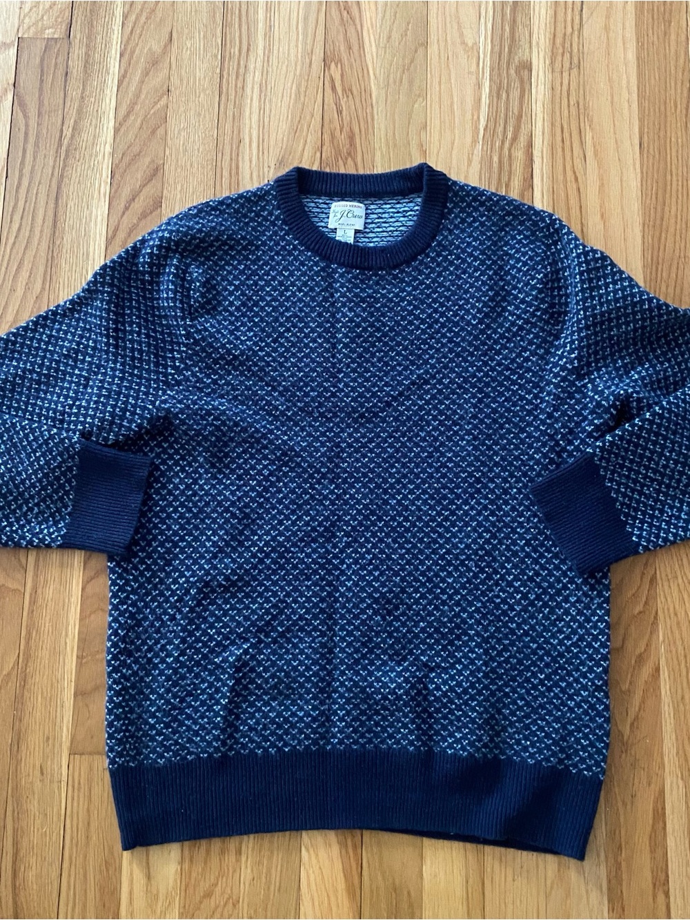 Jcrew Rugged Merino Birds Eye Fisherman Sweater Navy Wool Blend Crew Neck Men L